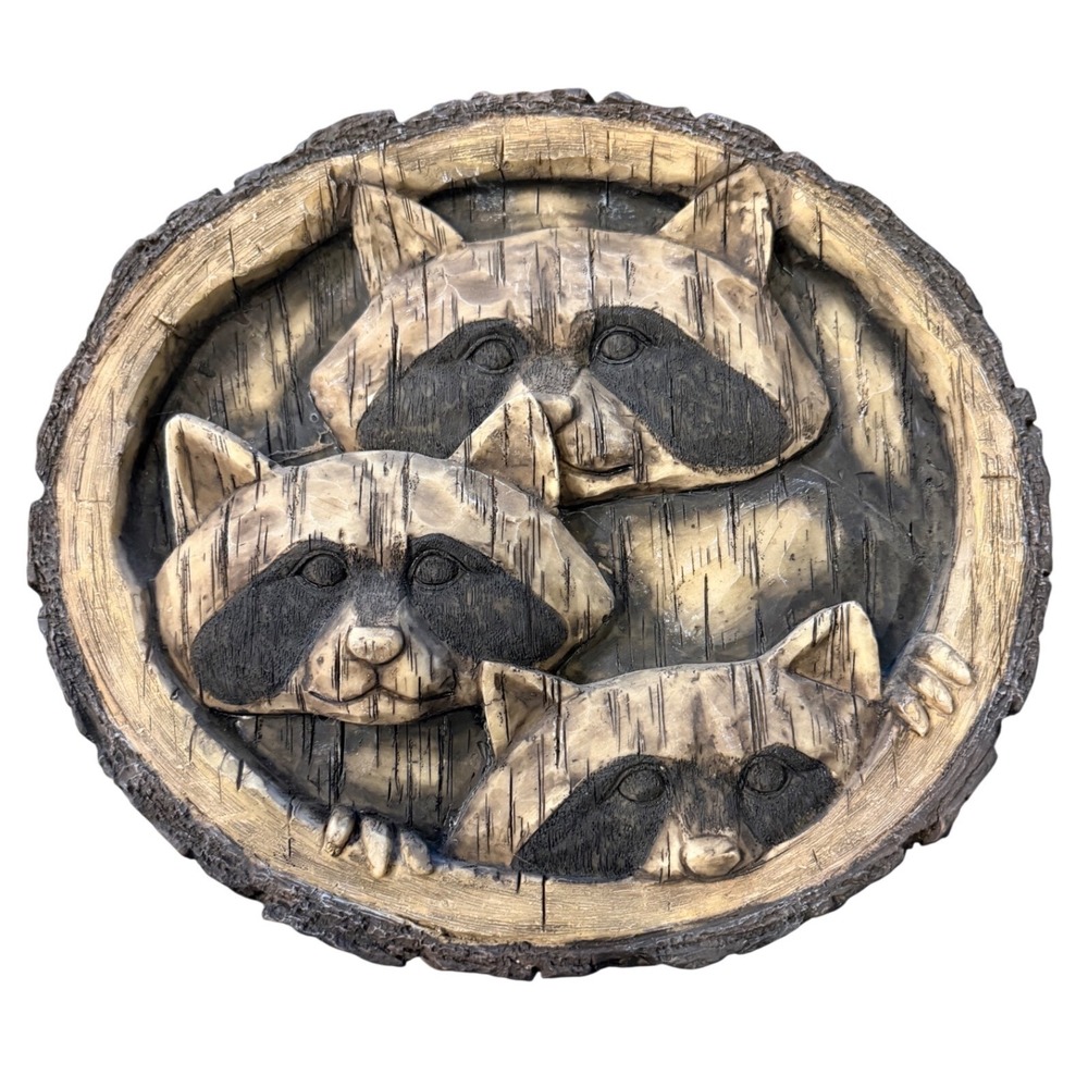 Vintage 2006 New Creative Raccoon Faces Wall Plaque Faux Wood 3D Relief